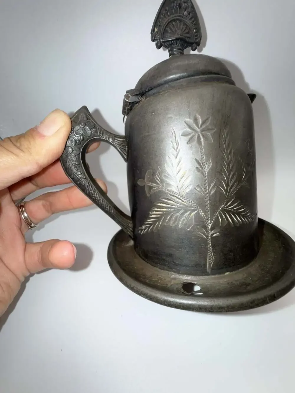 Vintage Quadruple Silver Plated Pewter Teapot or Creamer with Floral Etching
